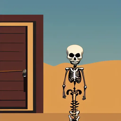 Prompt: a skeleton holding an umbrella next to a door in a desert