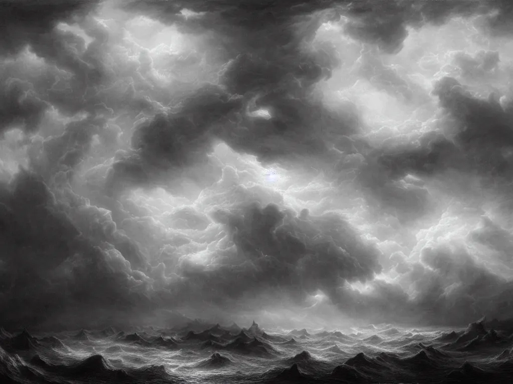 Image similar to very detailed, dark super storm, hyper realistic clouds, impressive, magical, very atmospheric, fog, cinematic, deep, very high complexity, stunning, dramatic masterpiece, iridescent, chiaroscuro, by gustave dore, john blanche, ian miller, very detailed. 4 k