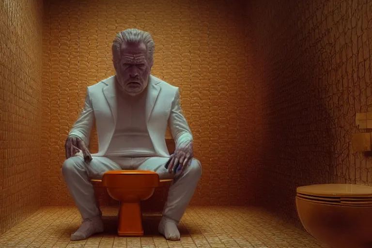 Image similar to hyperrealism aesthetic ridley scott and denis villeneuve style photography of a detailed giant, siting on a detailed ultra huge toilet and scrolling his smartphone in hyperrealism scene from detailed art house movie in style of alejandro jodorowsky and wes anderson