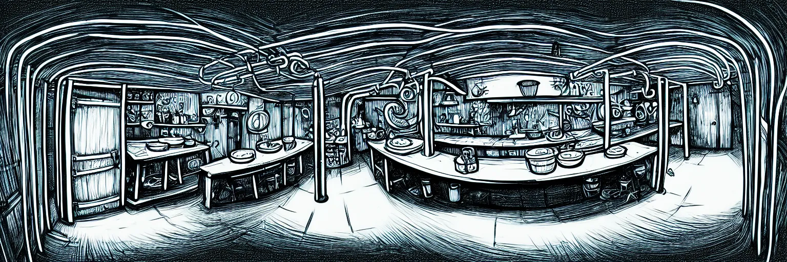 Prompt: underground, basement, fisheye spiral, naive, extra narrow, detailed illustration of a kitchen, large floor, dimly lit by gigger, trending artstation, dark blue, vines crawling, tavern