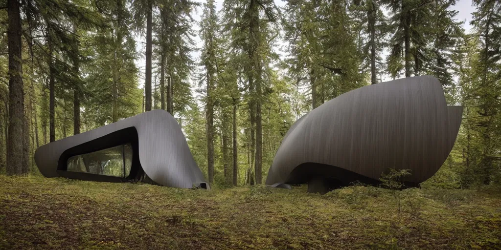 Image similar to wooden cabin designed by zaha hadid in an ominous forest, architectural photography