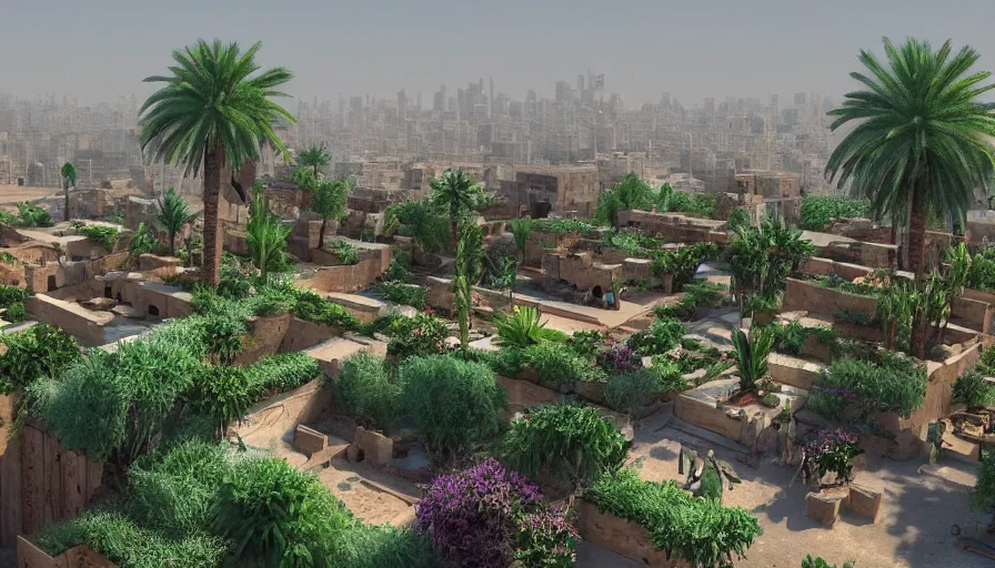 Image similar to ancient iranian city with rooftop gardens, flowers, palms, artstation