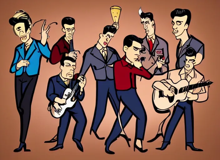 Image similar to rockabilly band in the style of archer cartoon, 1950s