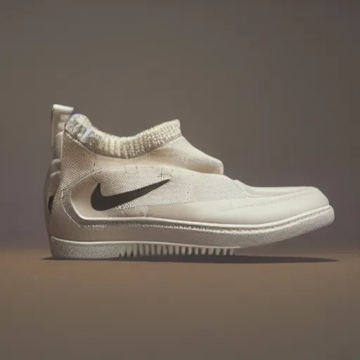 Image similar to a studio photoshoot of Nike casual sneakers designed by Tom Sachs, leather with knitted mesh material, gum rubber outsole, realistic, color film photography by Tlyer Mitchell, 35 mm, graflex