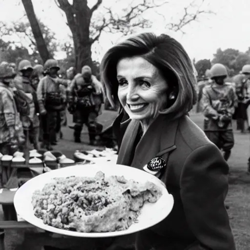 Image similar to a photograph of nancy pelosi wearing an army uniform while eating a large plate filled with scrambled eggs