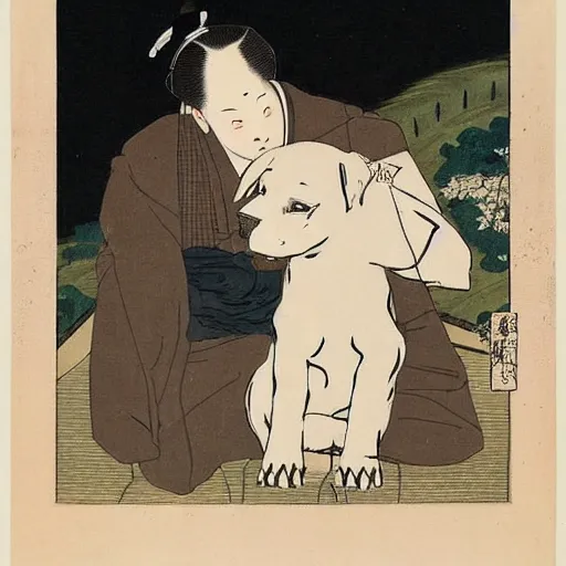 Prompt: tired white pitbull puppy curled up on a japanese man's lap, vintage, art by utamaro