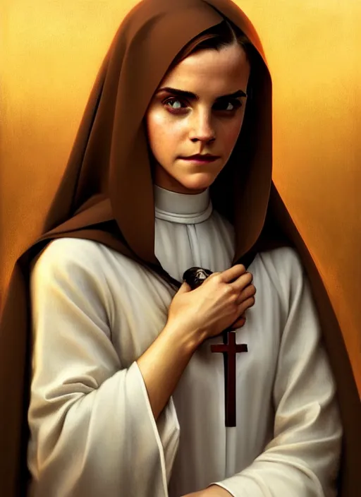 Image similar to portrait of emma watson as sultry nun, catholic, church, cross, intricate, headshot, highly detailed, digital painting, artstation, concept art, sharp focus, cinematic lighting, illustration, art by artgerm and greg rutkowski, alphonse mucha, cgsociety