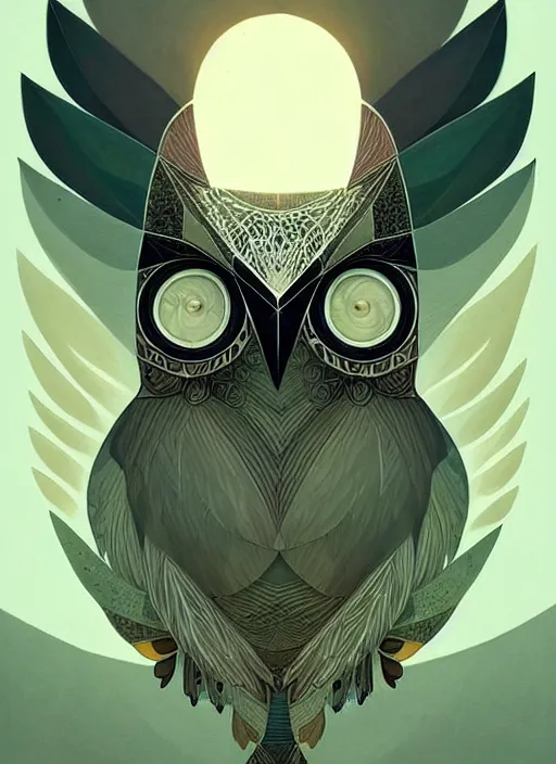 Image similar to portrait of a geometric owl, identical eyes, medium shot, illustration, full body made of white feathers, symmetrical, art stand, super detailed, cinematic lighting, and its detailed and intricate, gorgeous, by peter mohrbacher