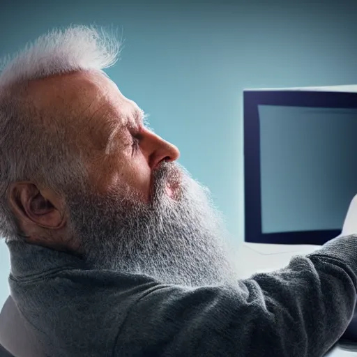 Prompt: realistic photo of a bearded old man sitting on a cloud in the sky using a desktop computer 3 5 mm hdr sunny