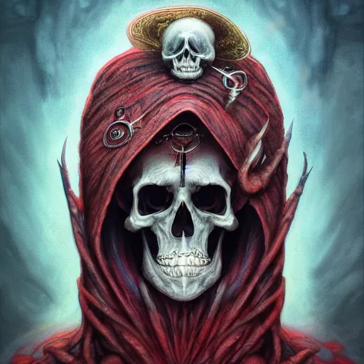 Prompt: a chthonic portrait of spirit of skeleton with a wizard hat on head, very very highly detailed, digital painting, red lake, artstation, concept art, smooth, sharp focus, illustration, art by Ayami Kojima, Beksinski, Giger