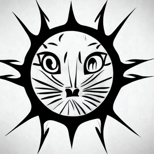 Image similar to tattoo sketch of a single eye cat, hugging the sun, a draft, maori ornament, polinesian style, minimalism, line art, vector