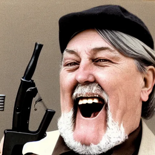 Image similar to laughing robert wyatt with mouth wide open pointing a gun directly at the camera