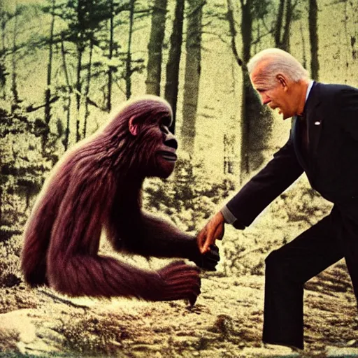 Image similar to us color footage of big foot making trade deals with joe biden, photograph, big foot, award winning photo, 3 5 mm lense, bigfoot