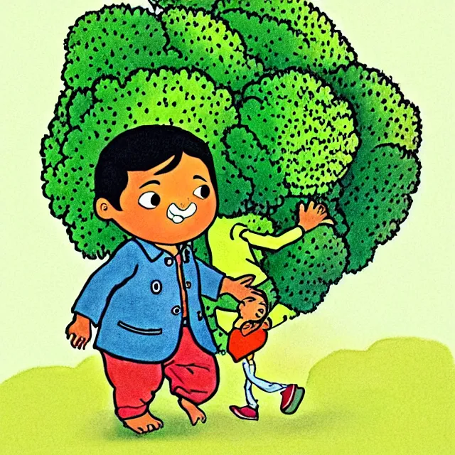 Image similar to professional kids book illustration of a South Indian !toddler! boy walking pulling a friendly anthropomorphic broccoli out of the ground, best on artstation,, astonishing, impressive, outstanding, cheerful, stunning, masterpiece by Beatrix Potter.