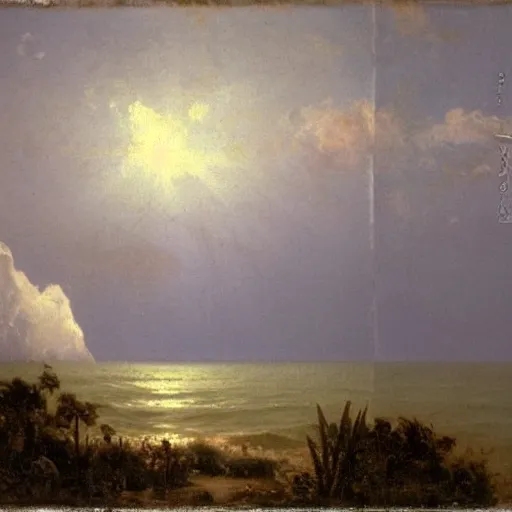 Prompt: albert bierstadt painting of an ocean, there is a huge bird standing in the ocean in the distance, clouds cover the bird's head, a man sits in a small boat far away from the bird