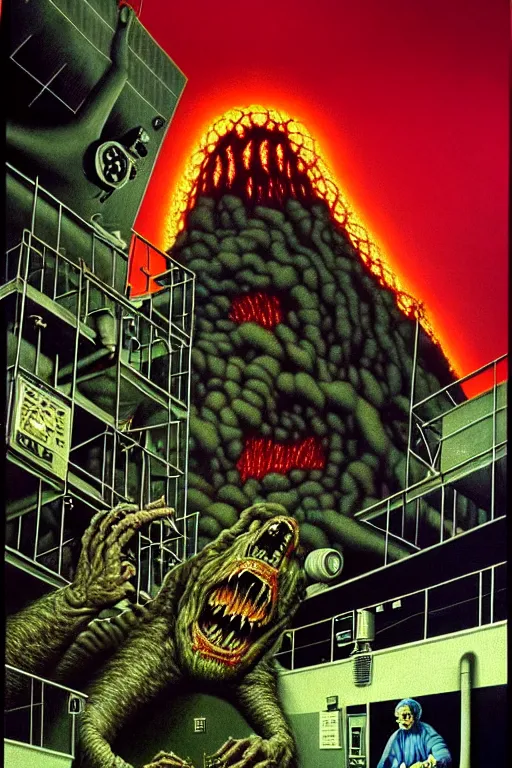 Image similar to a hyperrealistic detailed painting of a code red emergency at the nuclear power plant, radioactive chimeric radiation monster eating the laboratory, action horror by chris cunningham and richard corben, highly detailed, vivid color,