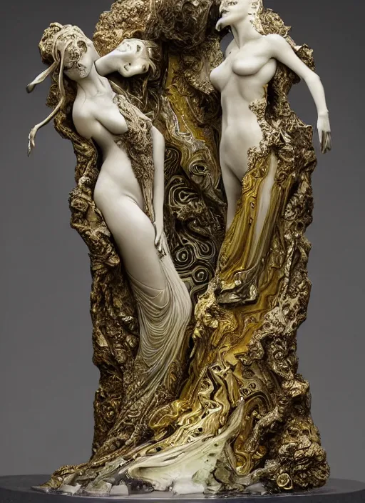 Image similar to marble sculpture of multiple beautiful women, oil slick, palladium veins, dripping, mandelbulb, hypercube, ivory carving, fractal paisley inlay, lace, intricate, elegant, highly detailed, gold inlay, metallic, ivory, artgerm, lace, by ruan jia, greg rutkowski, mucha, zbrush, nick alm