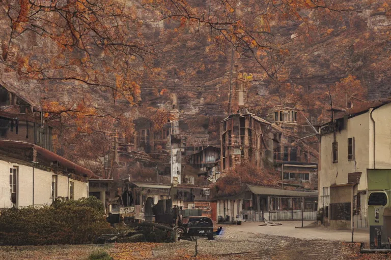 Image similar to warehouses lining a street, with an autumn mountain directly behind, radio tower on mountain, lens compressed, photography