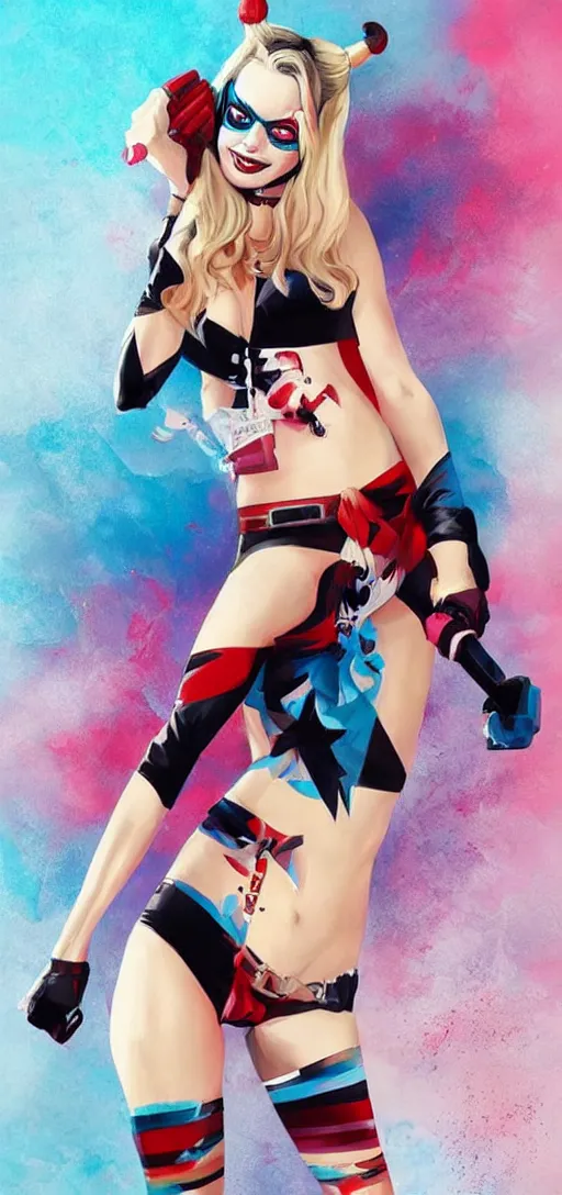 Prompt: margot robbie as harley quinn in a swim suit by artgerm, full body, epic composition