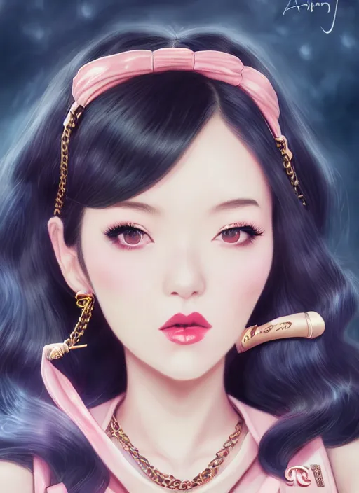 Image similar to a pin up and beautiful fashion dreamlke japan girl with lv jewelry, character art, art by artgerm, wlop, loish, hyperdetailed, 8 k realistic, symmetrical, global illumination, radiant light, frostbite 3 engine, cryengine, dof, trending on artstation, digital art, chanel, dior, detailed background