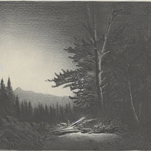 Prompt: hunter alone in the wilderness, embers of a campfire at midnight, dark boreal forest, 19th century