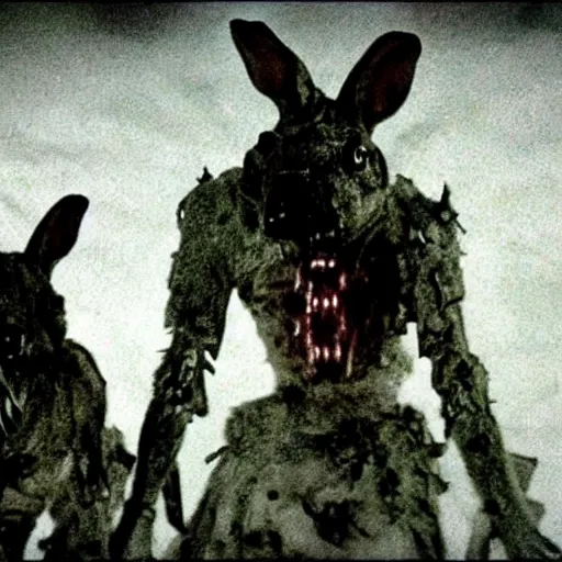 Prompt: a dark army decaying zombie rabbits infected with the T-virus, film still