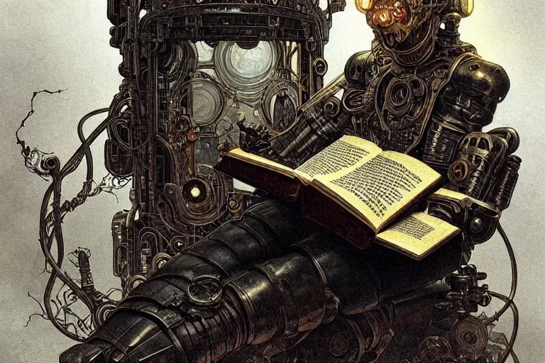 Prompt: a cyborg reading from an old book with a leather cover, fantasy, sci-fi, intricate, elegant, dramatic lighting, highly detailed, lifelike, photorealistic, digital painting, artstation, concept art, smooth, sharp focus, illustration, art by John Blanche and Paul Dainton and Albert Aublet and Artem Demura and Alphonse Mucha