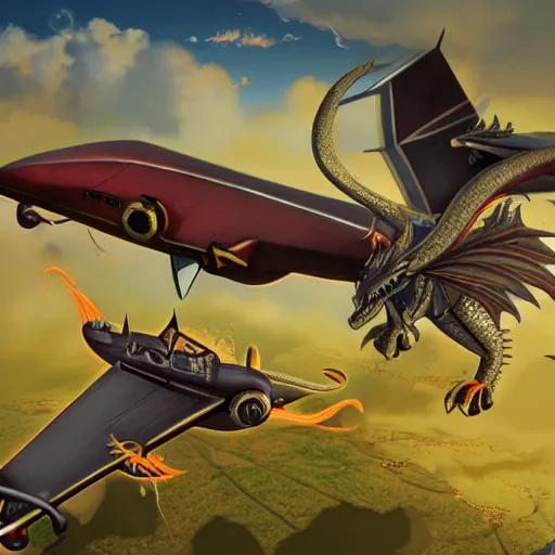 Image similar to fantasy dragon fighting biplanes