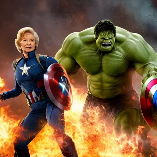 Image similar to Avengers Movie with Betty White as the HULK, action sequence, action shot, fluid, kinetic, frenetic, grandmotherly, 8K, 4K, action shot, movie still, cinematic