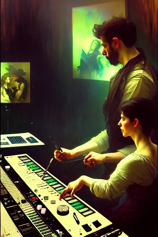 Image similar to hyperrealist portait of zu nd odyofilz mixing a music track at the office. by jeremy mann and alphonse mucha, fantasy art, photo realistic, dynamic lighting, artstation, poster, volumetric lighting, very detailed faces, 4 k, award winning