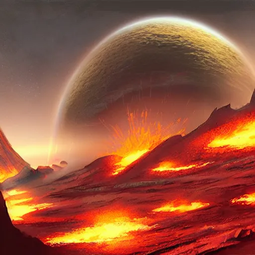 Image similar to a volcanic planet concept art by Doug Chiang