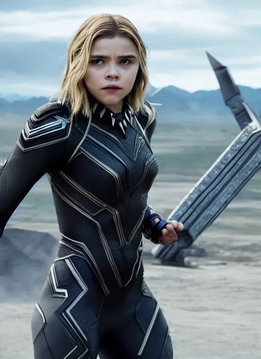 Image similar to film still of chloe grace moretz as black panther, 4 k