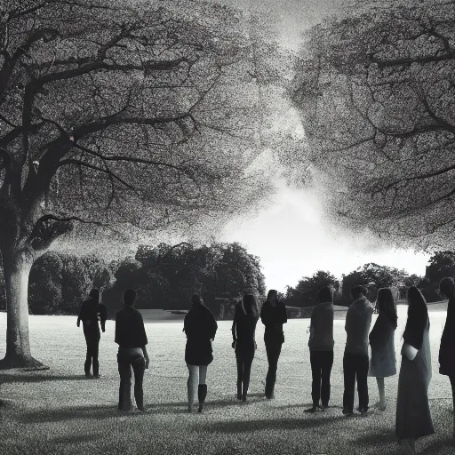 Image similar to a group of people in a park staring up at a gigantic tree, monochromatic, digital art, minimalistic