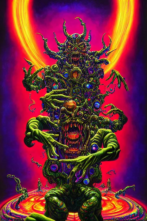 Image similar to a hyperrealistic painting of an epic boss fight against an ornate supreme telekinetic psychic dark overlord, cinematic horror by chris cunningham, lisa frank, richard corben, highly detailed, vivid color,