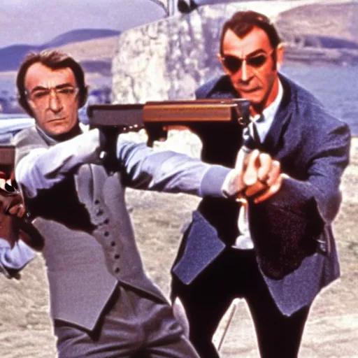 Image similar to john lennon pointing a gun at sean connery, james bond, film still