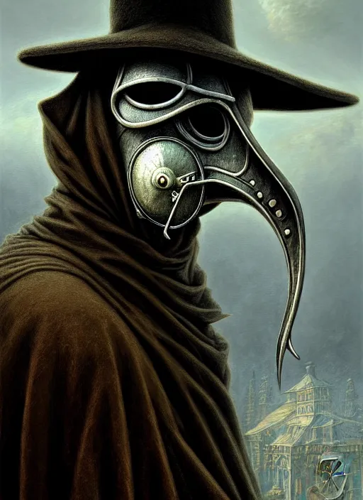 Prompt: closeup portrait shot of a plague doctor in a scenic dystopian environment, intricate, elegant, highly detailed, centered, digital painting, artstation, concept art, smooth, sharp focus, illustration, artgerm, tomasz alen kopera, peter mohrbacher, donato giancola, joseph christian leyendecker, wlop, boris vallejo