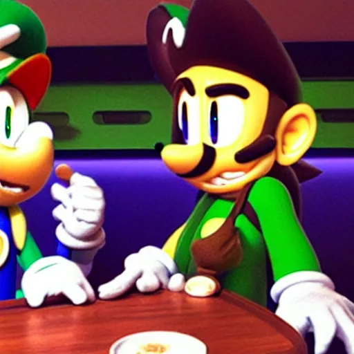 Prompt: sonic and luigi in a restaurant