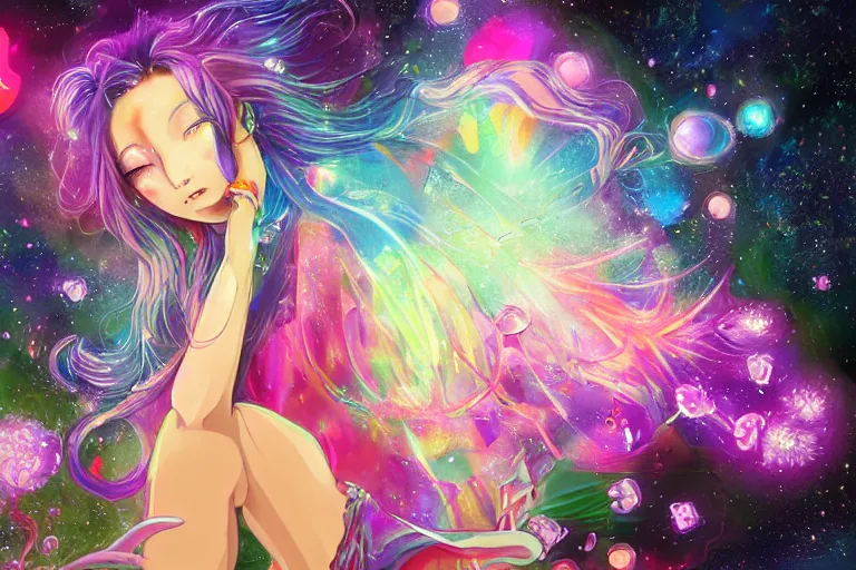 Image similar to psychedelic, whimsical, anime, 4k, beautiful lusty woman smoking weed, with professional makeup, long trippy hair, a crystal and flower dress, sitting on a reflective pool, surrounded by gems, underneath the stars, rainbow fireflies, trending on patreon, deviantart, twitter, artstation, volumetric lighting, heavy contrast, art style of Greg Rutkowski and Miho Hirano