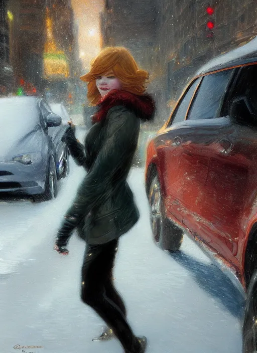 Prompt: emma stone getting out of a taxi in winter, artwork by gaston bussiere, craig mullins, trending on artstation