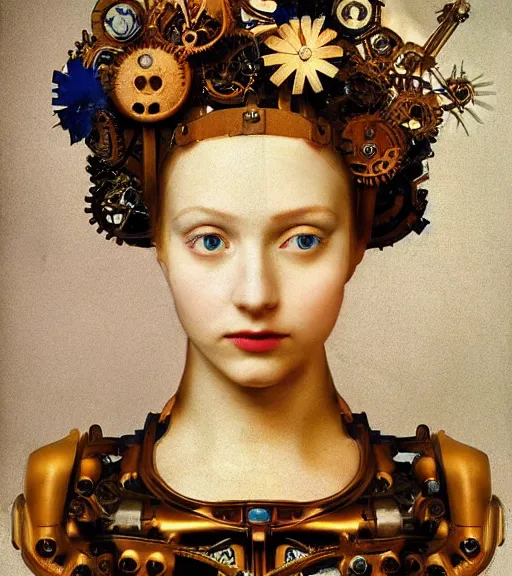 Image similar to portrait of a beautiful young cyborg woman with a big steampunk flower crown and part mechanical face , Metropolis, by Leonardo Da Vinci in the style of Man Ray