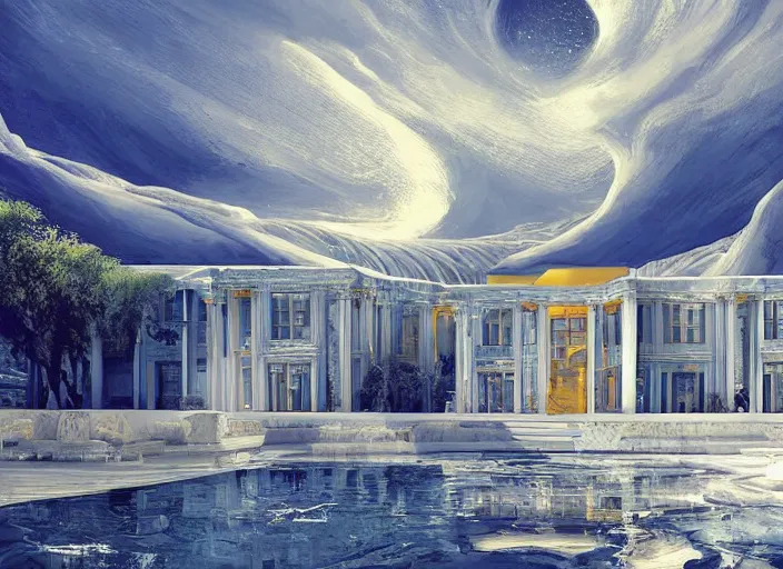 Prompt: modern chic futuristic royal blue and white house with gold intricate details at Pamukkale, thermal waters flowing down white travertine terraces, ethereal and dreamy heavenly clouds, holy, divine, heavenly kingdom, intricate, elegant, luxurious, digital painting, concept art, smooth, sharp focus, from Star Trek 2021, illustration, by WLOP and Ruan Jia and Mandy Jurgens and William-Adolphe Bouguereau, Artgerm