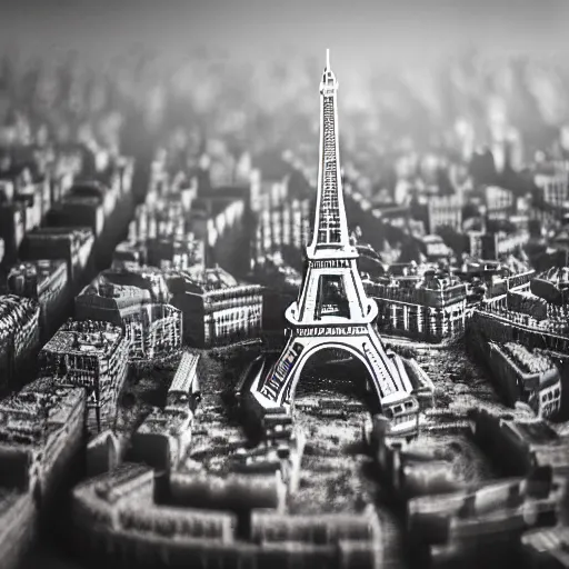 Prompt: a detailed photo of a diorama city, paris eiffel tower, macro photography, zoom, model trees, studio lighting, hyperdetailed, bokeh, smoke