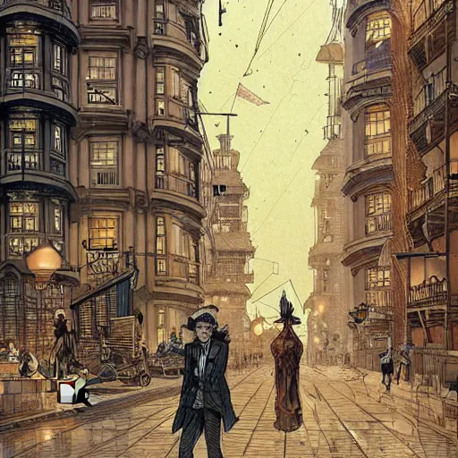 Prompt: dystopian steampunk digital painting London street beautifully detailed illustration by Hermann Corrodi, Milo Manara and Victo Ngai, late 1800’s style 576