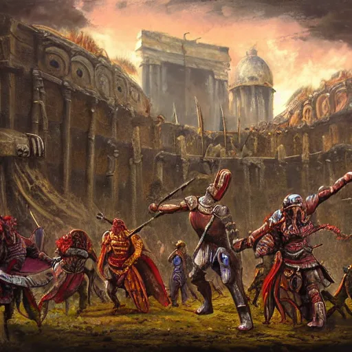 Image similar to arena gladiator battle to cheering crowd on ancient post - apocalyptic planet, jim henson creature shop, vivid and colorful, thomas kincaid, cinematic, oil painting, highly detailed, illustration