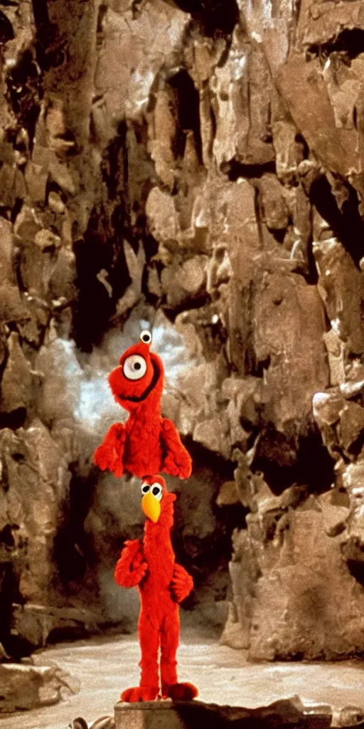 Prompt: a still of Elmo in Indiana Jones 1981