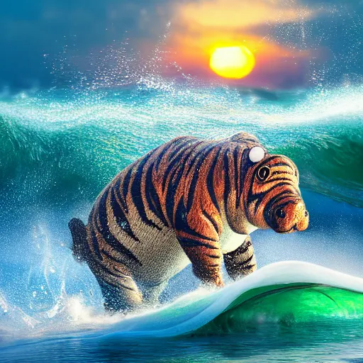 Image similar to a closeup photorealistic photograph of a cute smiling knitted tiger hippopotamus splashing in the surf at sunset. waves in background. professional capture. brightly lit scene. this 4 k hd image is trending on artstation, featured on behance, well - rendered, extra crisp, features intricate detail, epic composition and the style of unreal engine.