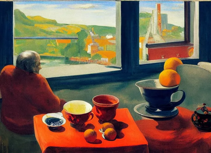 Prompt: painting, two lovers in poor shabby room, view of boat on river in window, tea pot and tea cups and bowl of oranges on table, by paula rego, by neo rauch, by edward hopper