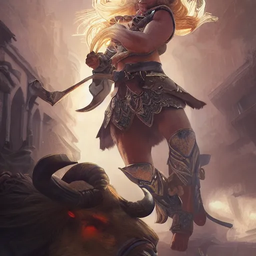 Image similar to a blonde paladin woman fighting a giant goat on the streets of a fantasy town, d & d, fantasy, highly detailed, digital painting, artstation, concept art, character art, art by greg rutkowski and tyler jacobson and alphonse mucha