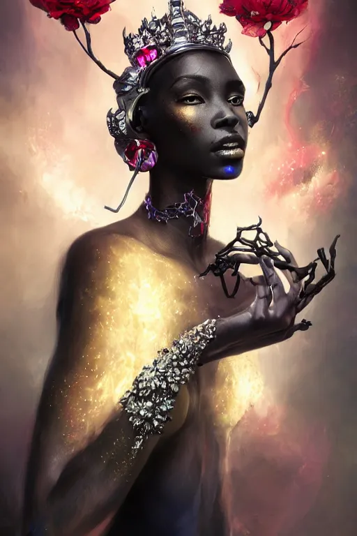 Prompt: beautiful black model wearing crystal crown full of jewels and blood, warhammer, cyberpunk, 3 d render, hyper realistic detailed portrait, holding magic flowers, scifi, fantasy, hyper detailed, octane render, concept art, peter mohrbacher, artgerm, ruan jia, wlop