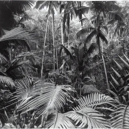 Prompt: a rizom lost film footage of a - - - - 3 d shape - - - - - in the middle of the tropical jungle / tropicalism / tropicalism / tropicalism / film still / cinematic / enhanced / 1 9 2 0 s / black and white / grain